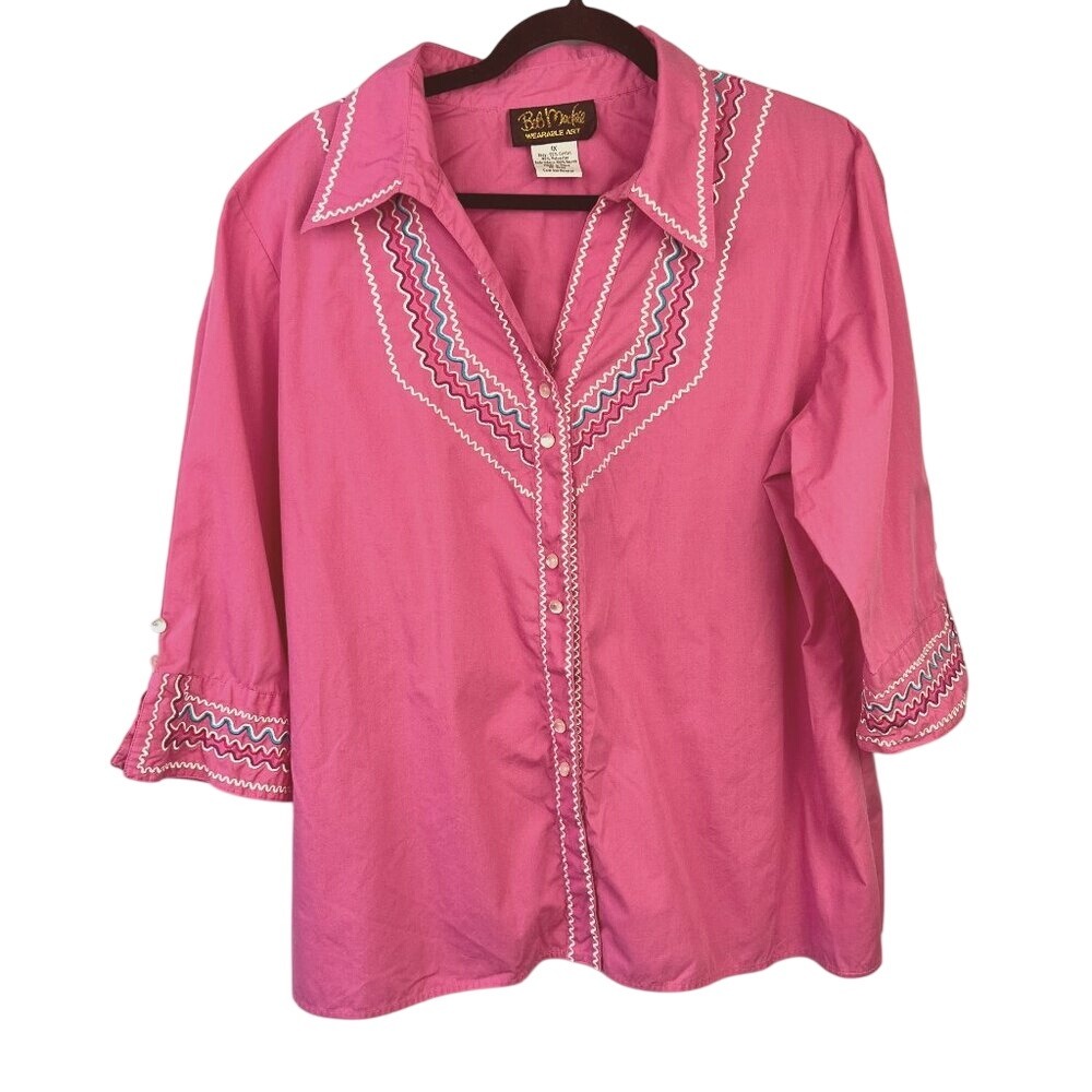 Vintage 90s Bob Mackie Wearable Art Pink Embroidered Blouse Top Size 1X Western